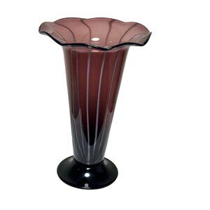 Vintage Amethyst Art Glass Vase with Fluted Rim & Black Pedestal Base Hand Blown